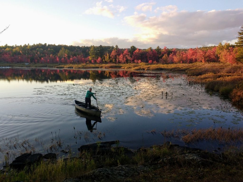 Woman paddling a canoe while standing up in autumn light